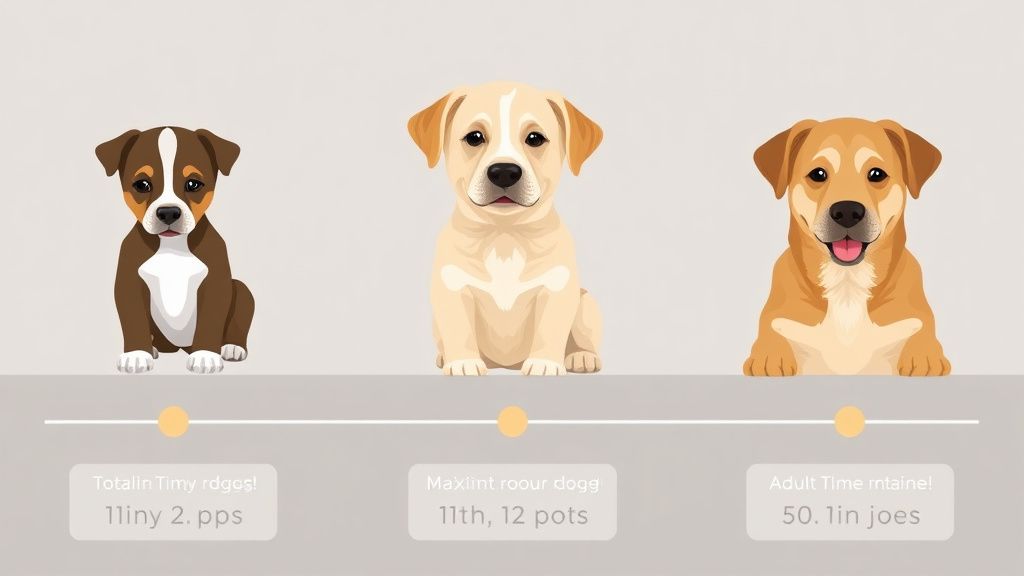An infographic-style illustration showing three different aged dogs (a tiny pupp