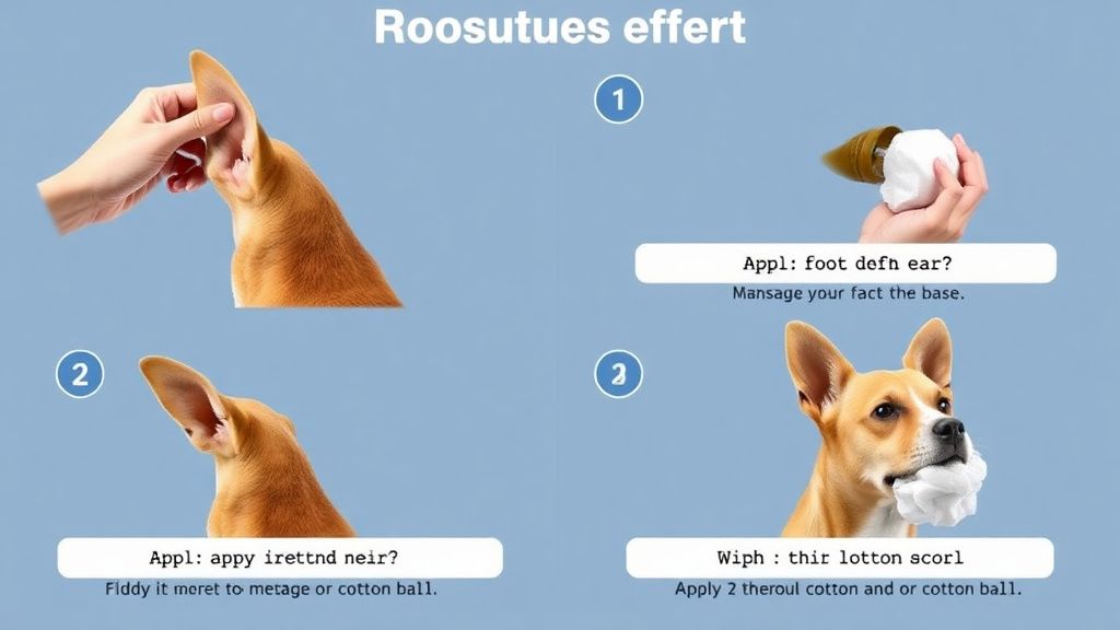 An infographic-style photo series showing the key steps of cleaning a dog's ear: