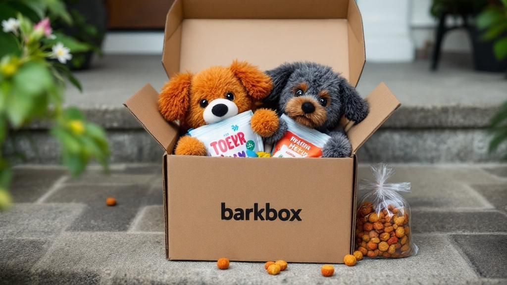 An opened BarkBox with two themed plush toys and treat bags spilling out, arrang
