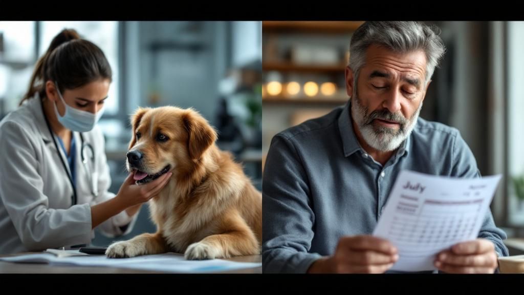 A split-screen image showing a worried dog owner at an emergency vet in March, a
