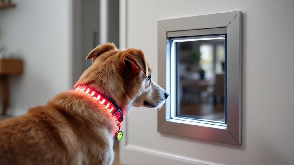 A sleek, modern smart pet door installed in a wall, with a dog's collar tag glow