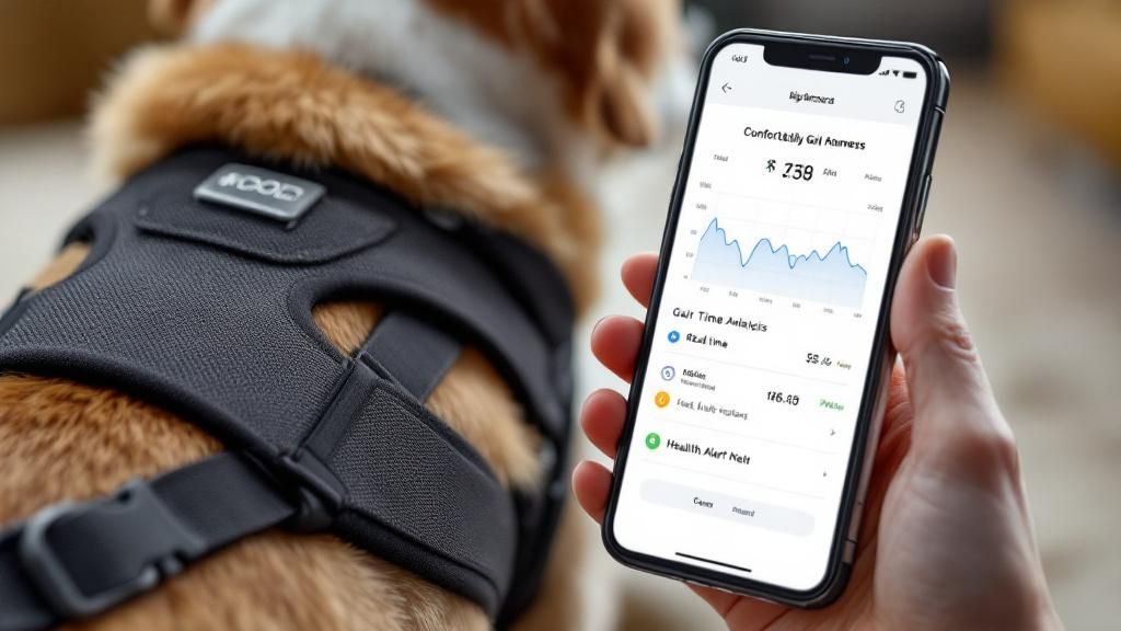 A close-up photo of a comfortable, high-tech harness on a dog, with a smartphone