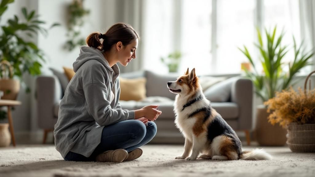 A focused dog owner and their attentive dog sitting together in a calm, tidy liv