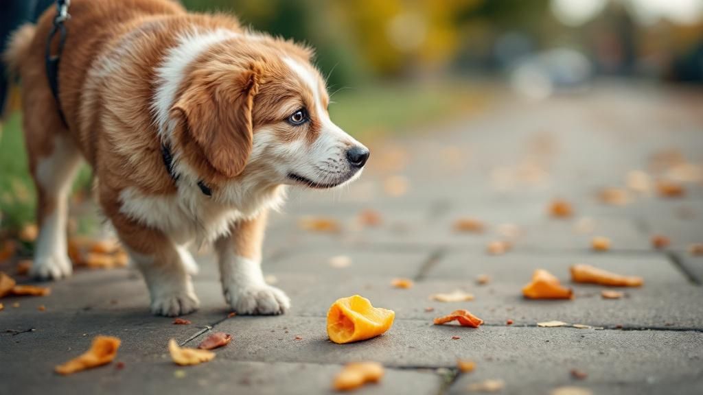 A dog successfully ignoring a tempting piece of food on a sidewalk during a walk